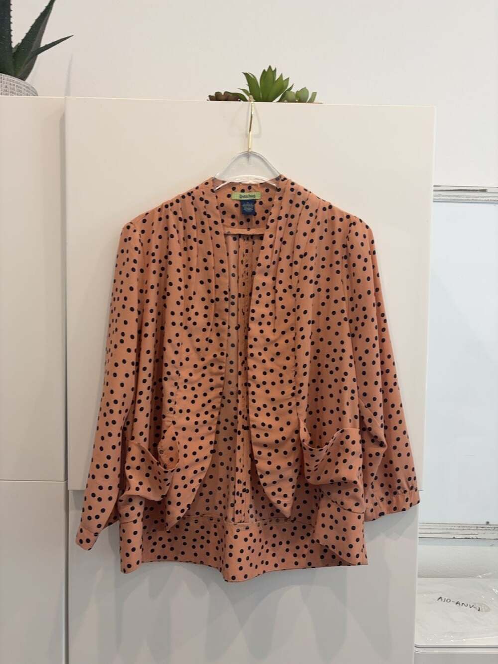Peach With Black Polka Dots light weight jacket with pockets mod cloth like Long
